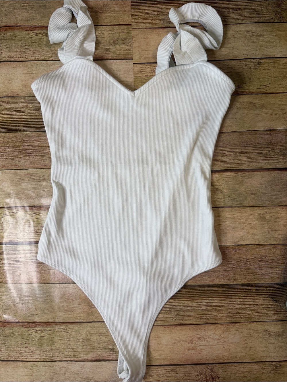 Blue Rain White Ribbed Sweetheart Bodysuit with Twisted Straps